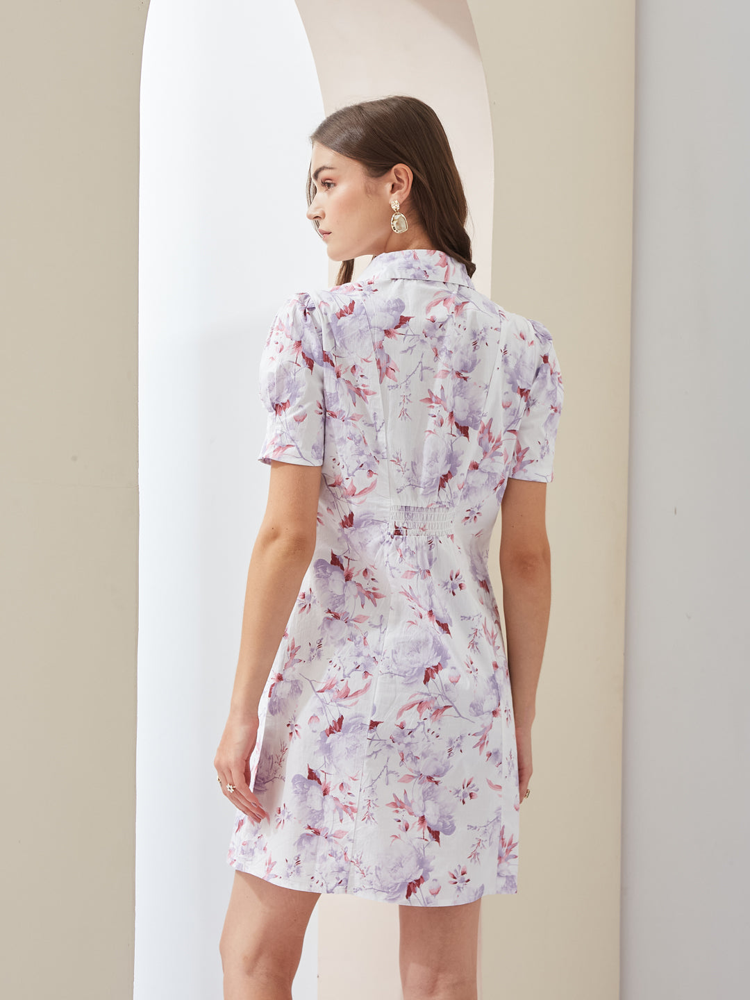 Latin Quarters Women White Floral Printed Collared Short Sleeves Casual Shirt Mini Dress