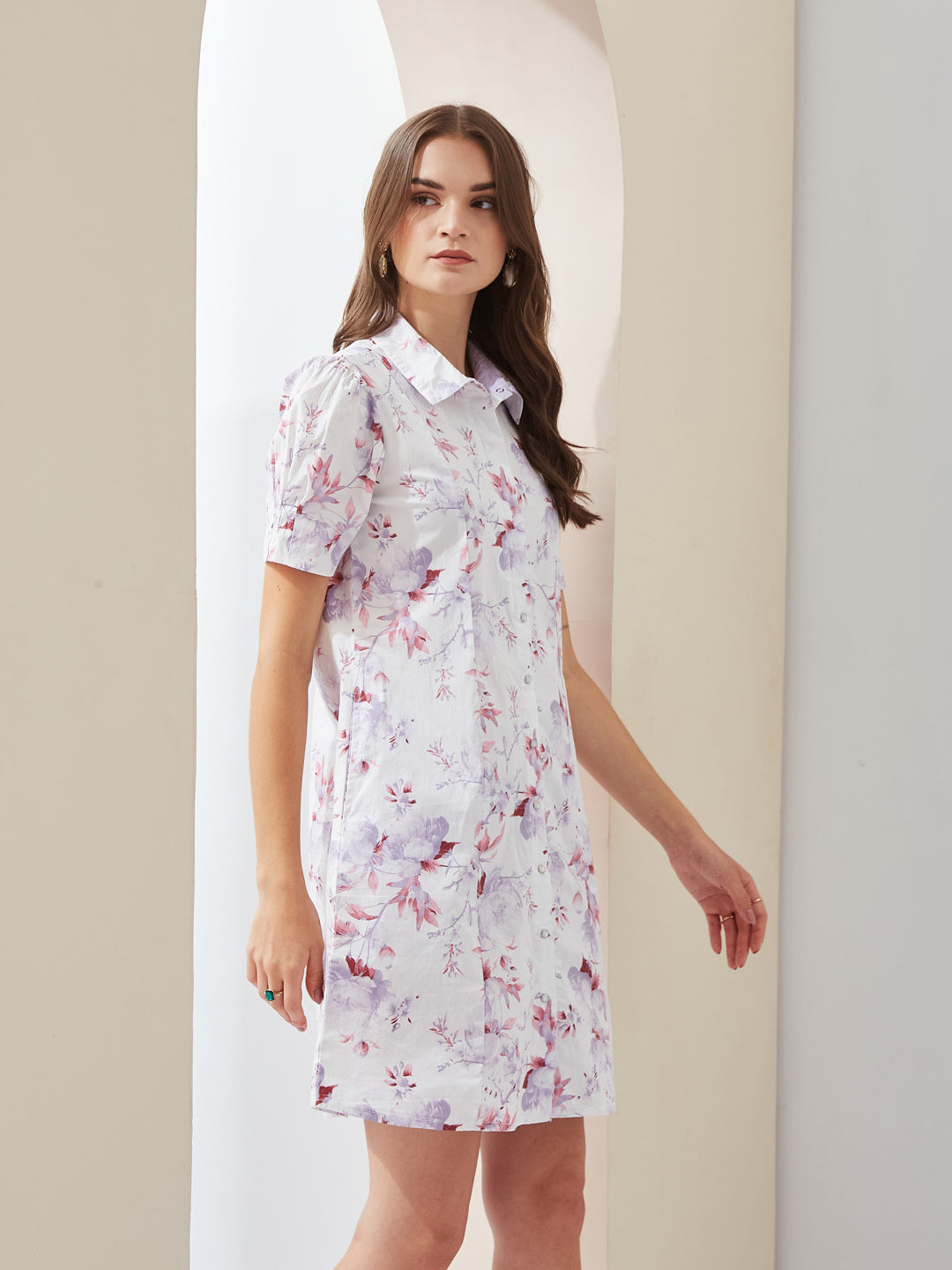 Latin Quarters Women White Floral Printed Collared Short Sleeves Casual Shirt Mini Dress