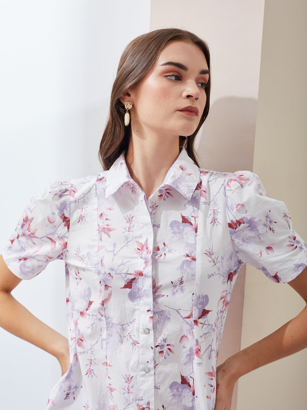 Latin Quarters Women White Floral Printed Collared Short Sleeves Casual Shirt Mini Dress
