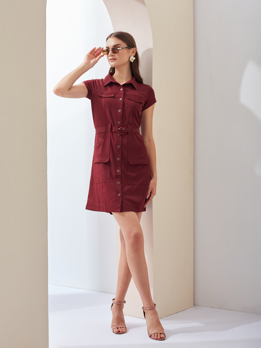 Latin Quarters Women Maroon Solid Collared Short Sleeve Casual Mini Shirt Dress