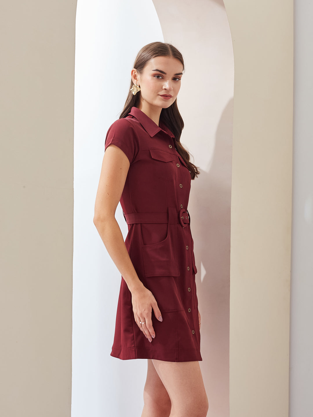 Latin Quarters Women Maroon Solid Collared Short Sleeve Casual Mini Shirt Dress