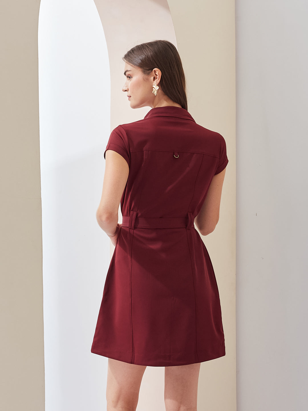Latin Quarters Women Maroon Solid Collared Short Sleeve Casual Mini Shirt Dress