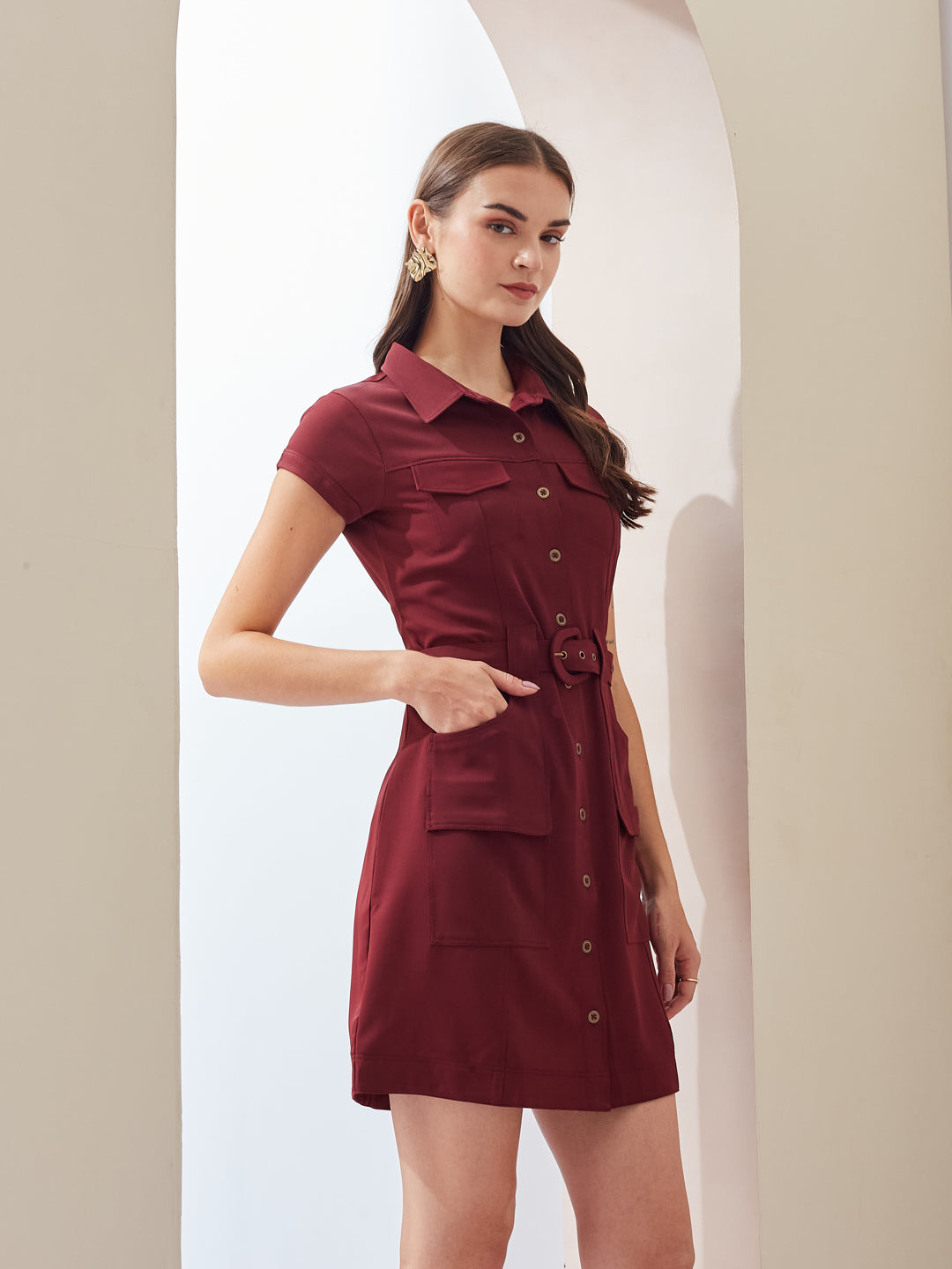 Latin Quarters Women Maroon Solid Collared Short Sleeve Casual Mini Shirt Dress