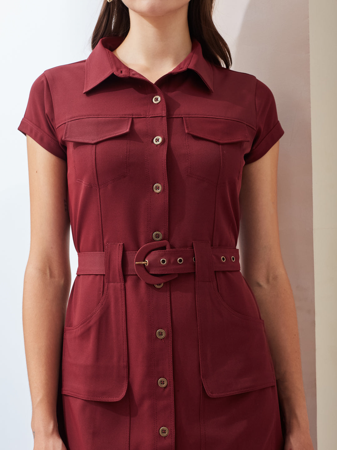 Latin Quarters Women Maroon Solid Collared Short Sleeve Casual Mini Shirt Dress