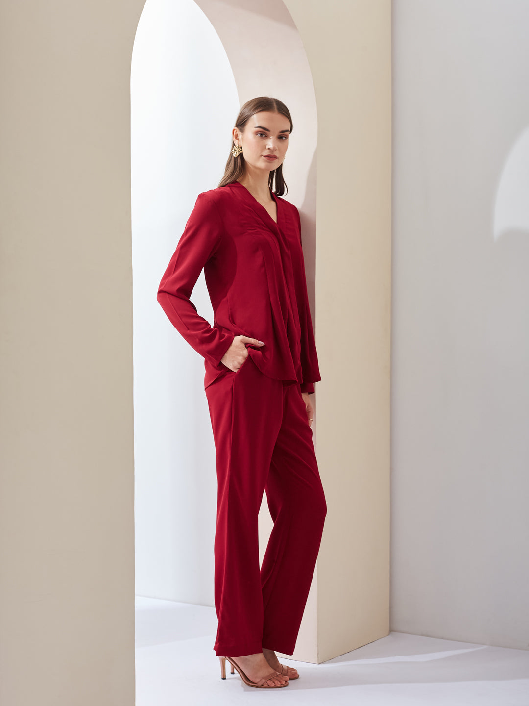 Latin Quarters Women Solid Red Full Sleeves V-neck High Rise Casual Co-ord Set