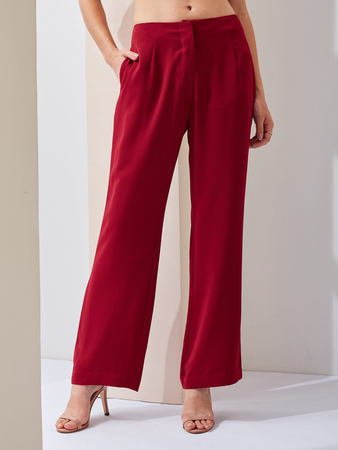 Latin Quarters Women Solid Red Full Sleeves V-neck High Rise Casual Co-ord Set