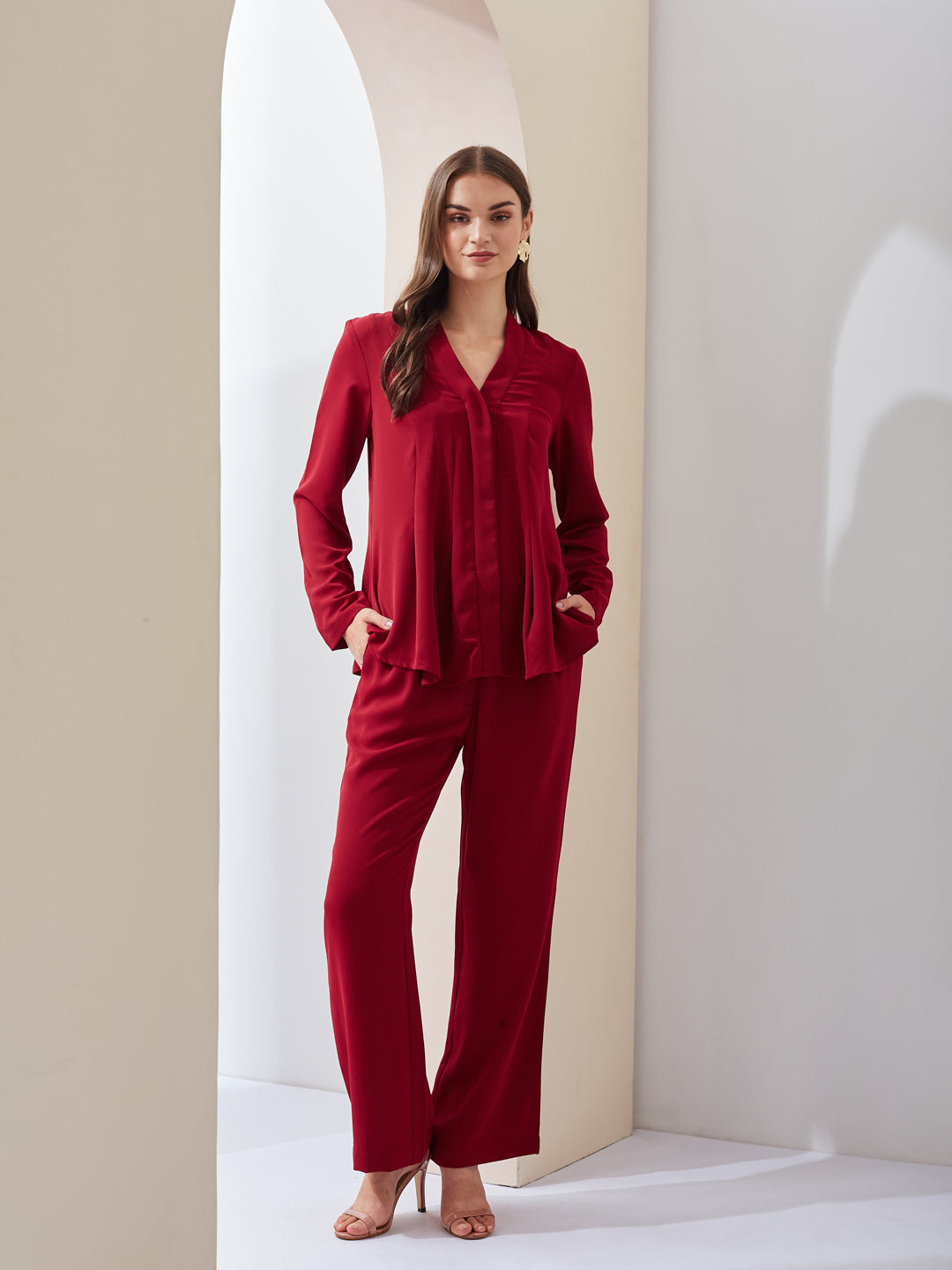 Latin Quarters Women Solid Red Full Sleeves V-neck High Rise Casual Co-ord Set