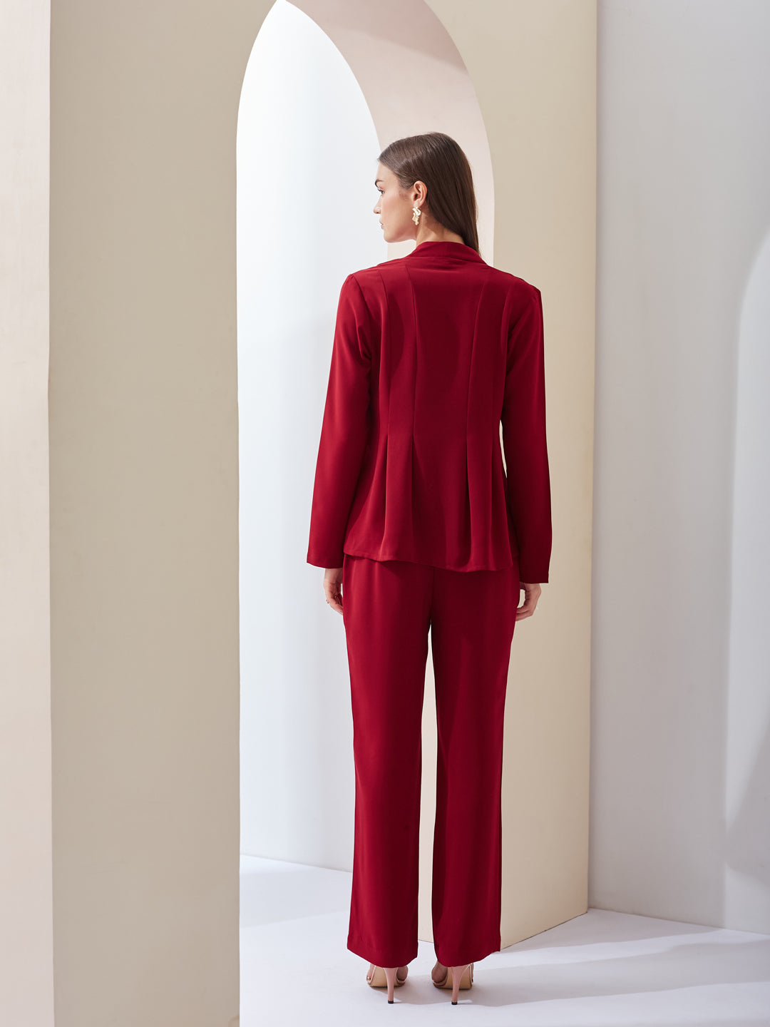 Latin Quarters Women Solid Red Full Sleeves V-neck High Rise Casual Co-ord Set