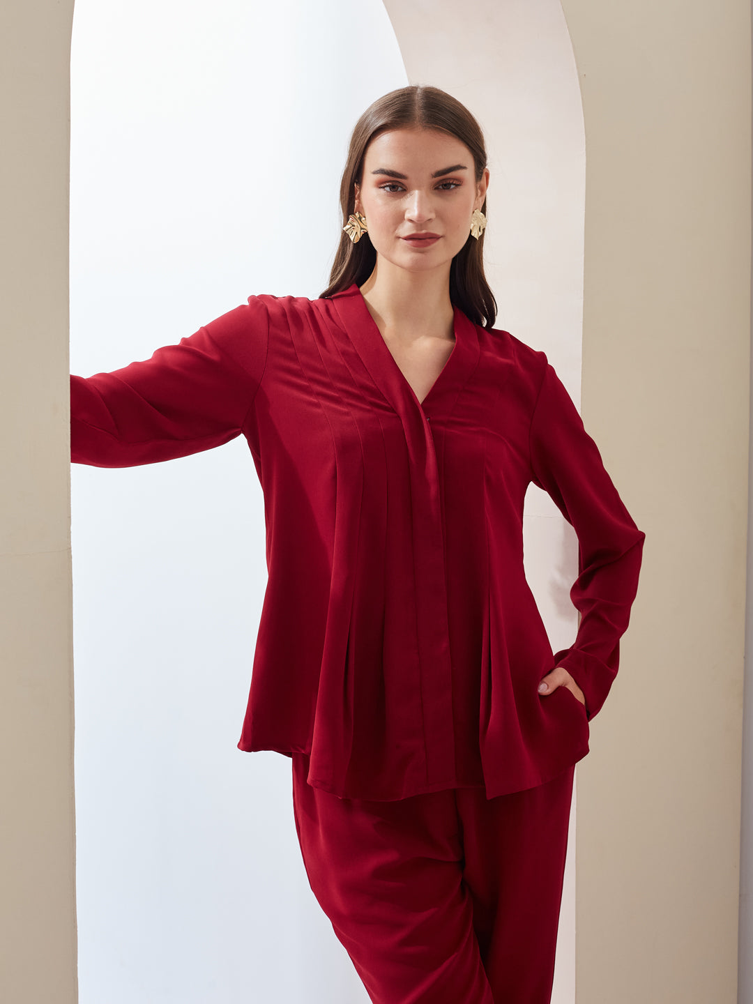 Latin Quarters Women Solid Red Full Sleeves V-neck High Rise Casual Co-ord Set