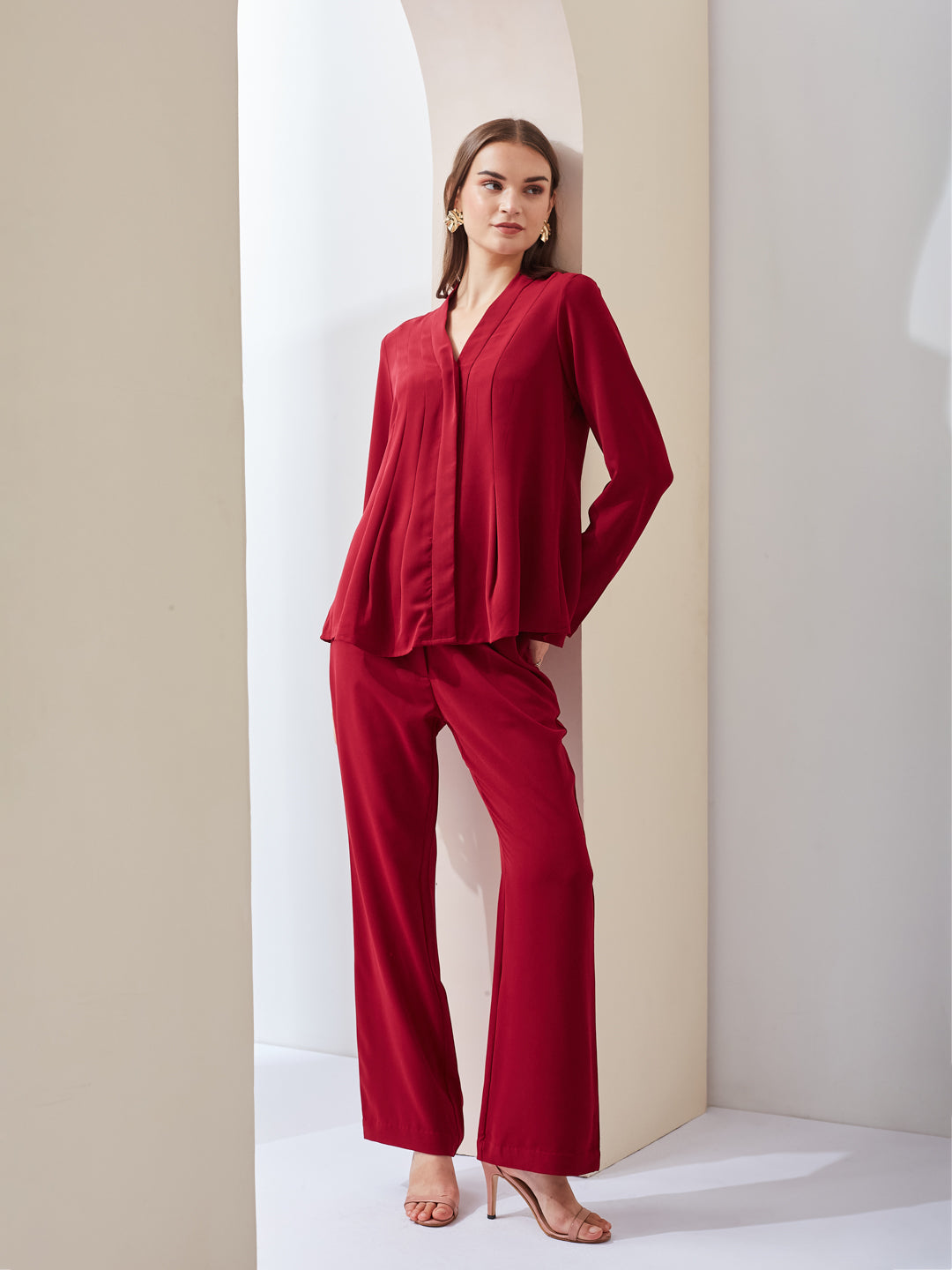 Latin Quarters Women Solid Red Full Sleeves V-neck High Rise Casual Co-ord Set