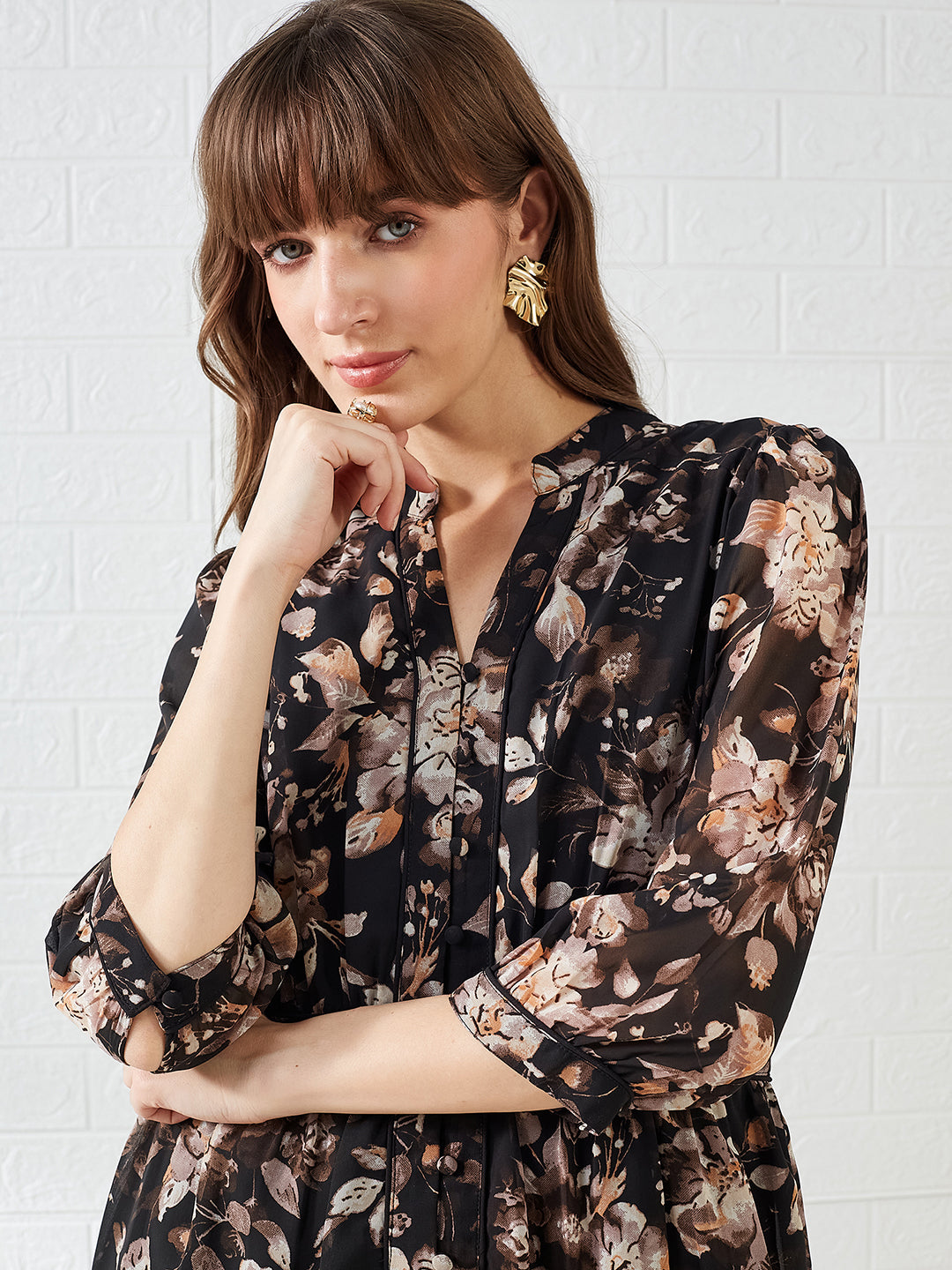 Latin Quarters Women's Black 3/4Th Sleeves Mandarin Collar Printed Casual Midi Dress