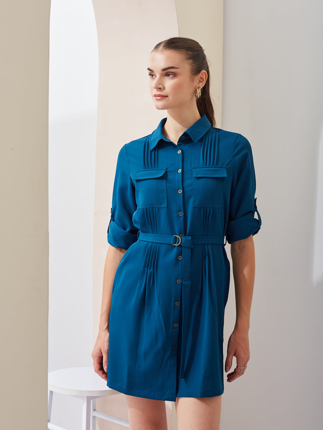 Latin Quarters Women Shirt Blue 3/4Th Sleeves Collared Solid Casual Dress
