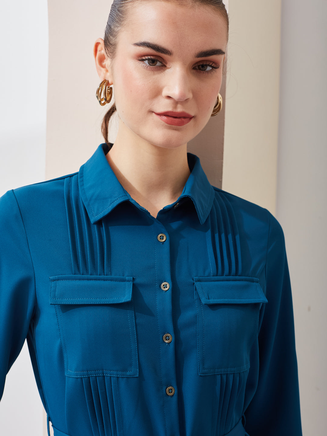 Latin Quarters Women Shirt Blue 3/4Th Sleeves Collared Solid Casual Dress