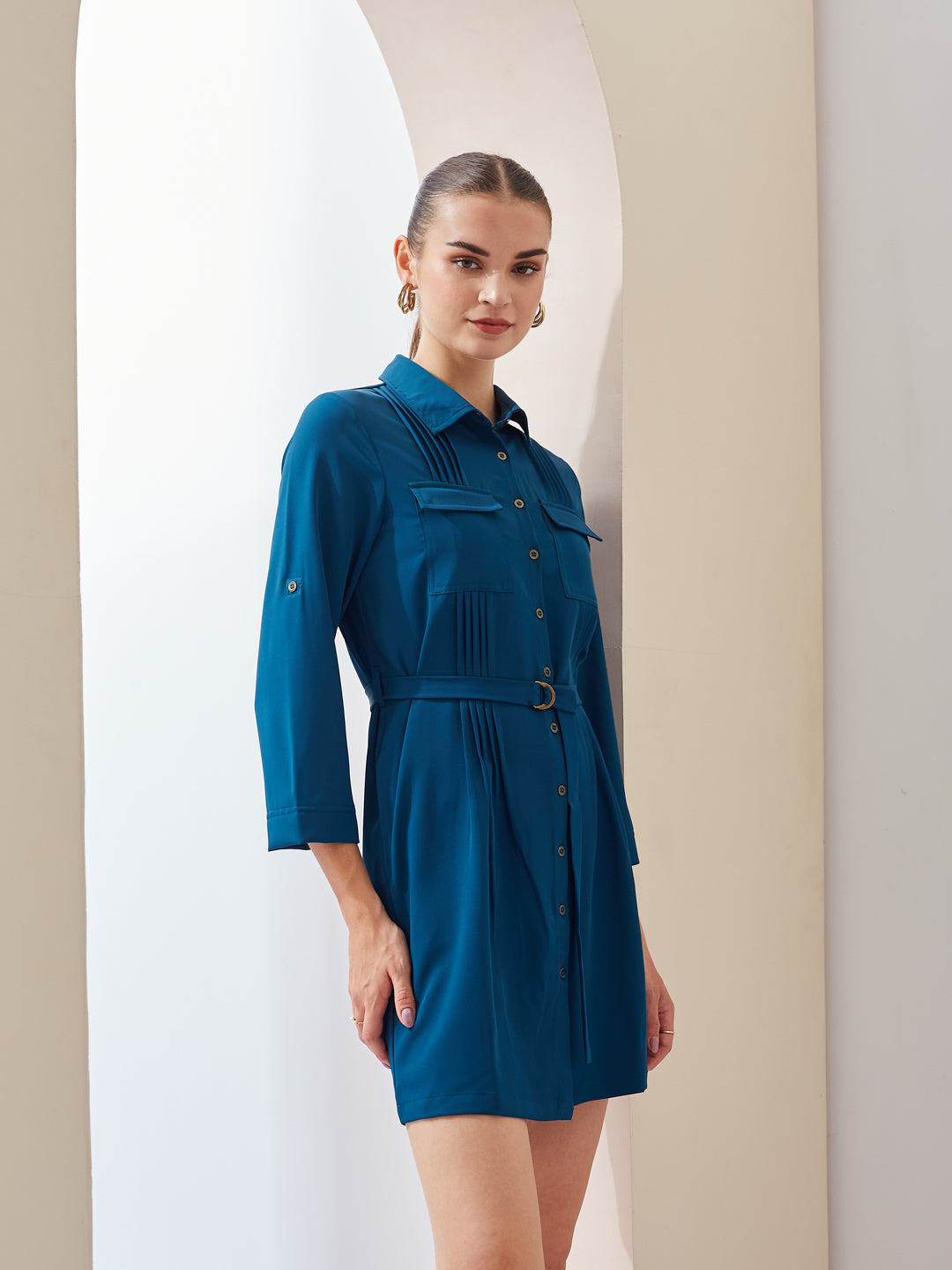 Latin Quarters Women Shirt Blue 3/4Th Sleeves Collared Solid Casual Dress