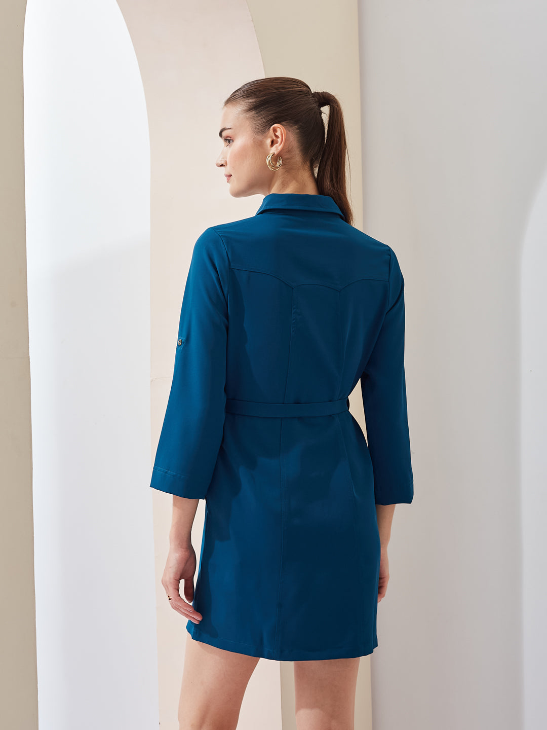 Latin Quarters Women Shirt Blue 3/4Th Sleeves Collared Solid Casual Dress