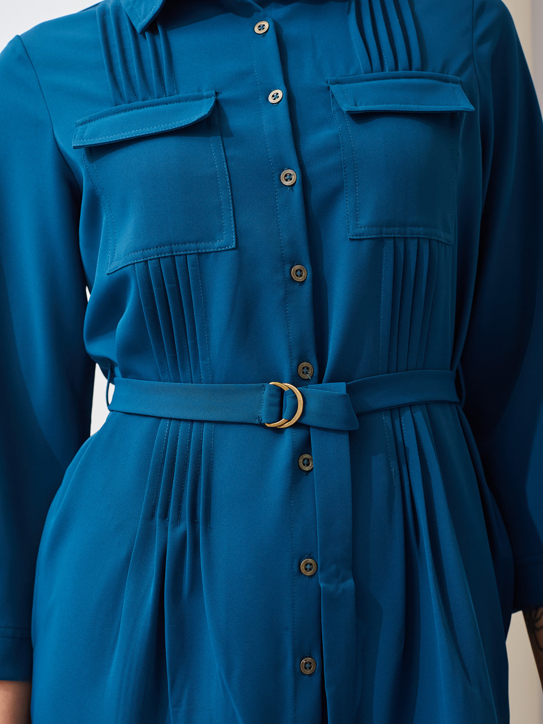 Latin Quarters Women Shirt Blue 3/4Th Sleeves Collared Solid Casual Dress