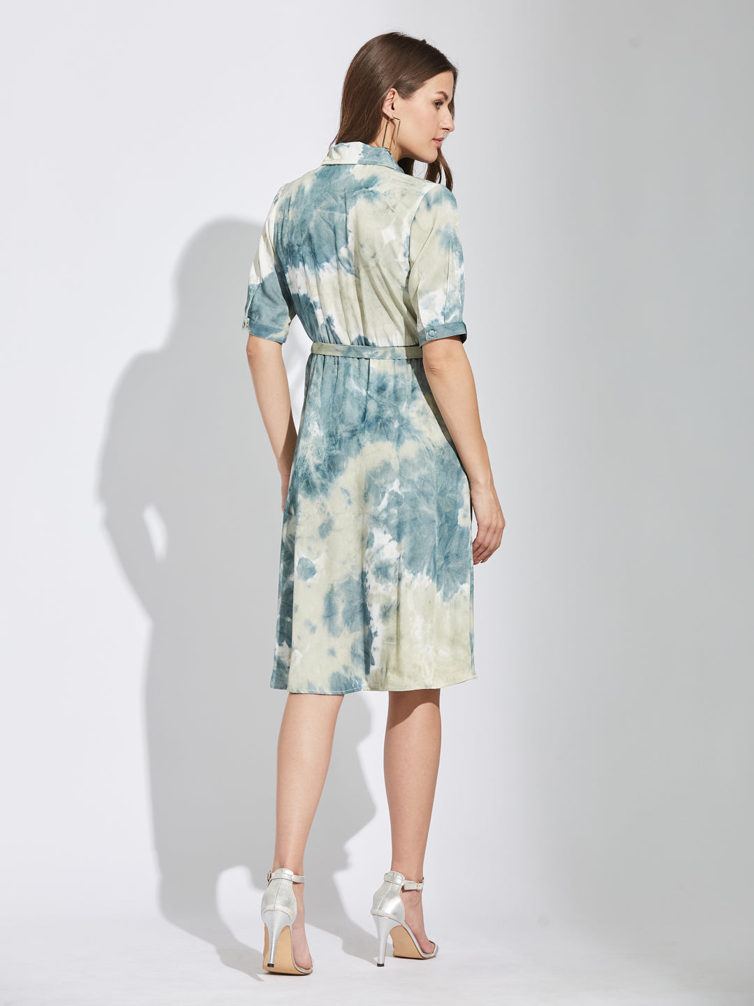 Latin Quarters Women's Green Half Sleeves Collared Tie-Dye Casual Knee Length Dress