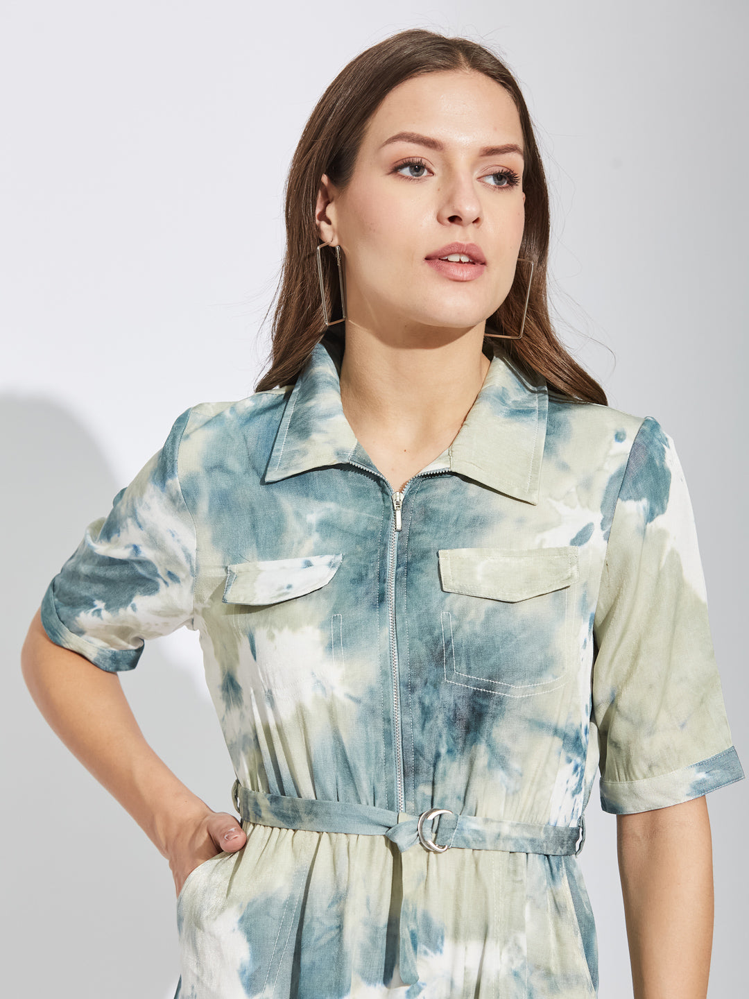 Latin Quarters Women's Green Half Sleeves Collared Tie-Dye Casual Knee Length Dress