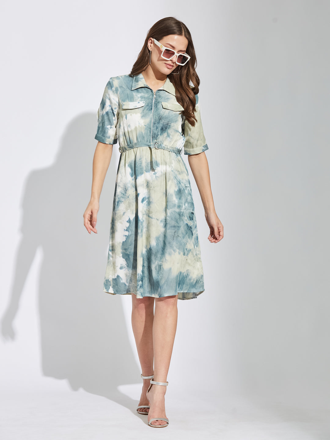Latin Quarters Women's Green Half Sleeves Collared Tie-Dye Casual Knee