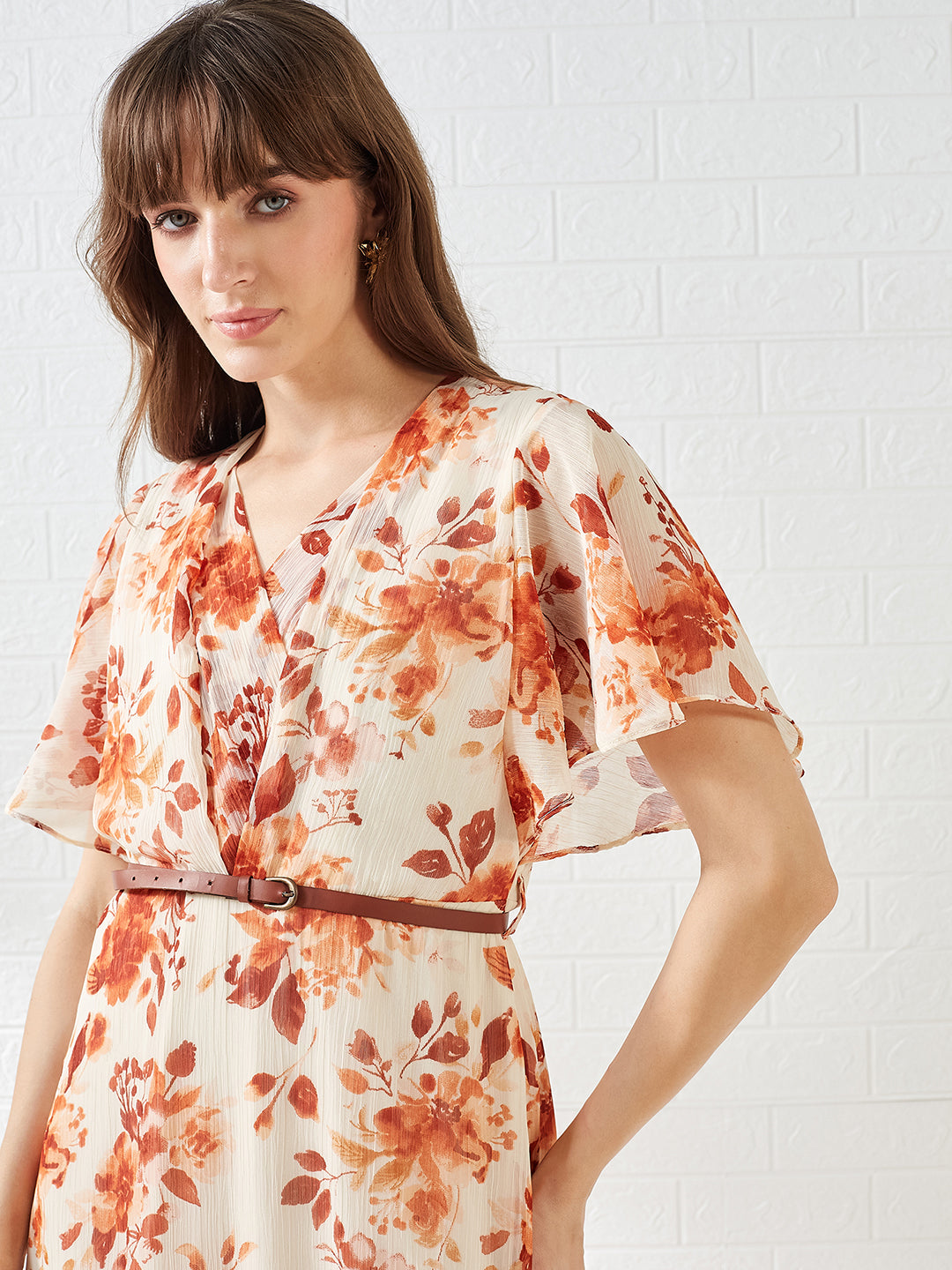 Latin Quarters Women's Rust Short Sleeves V-Neck Printed Casual Maxi Dress