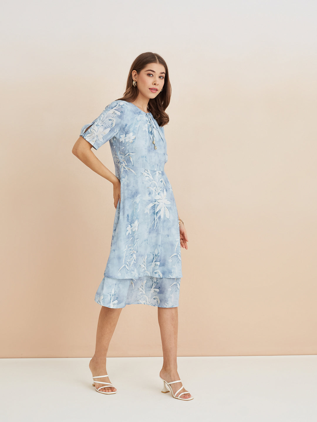 Latin Quarters Women'S Blue Tie-Up Neck Half Sleeves Printed Casual Fit & Flare Dress