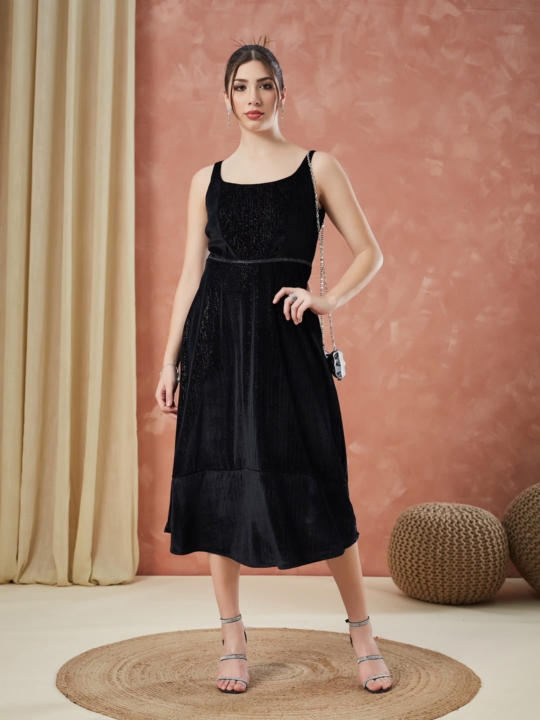 Latin Quarters Women's Black Sleeveless Solid Square Neck Evening Dres
