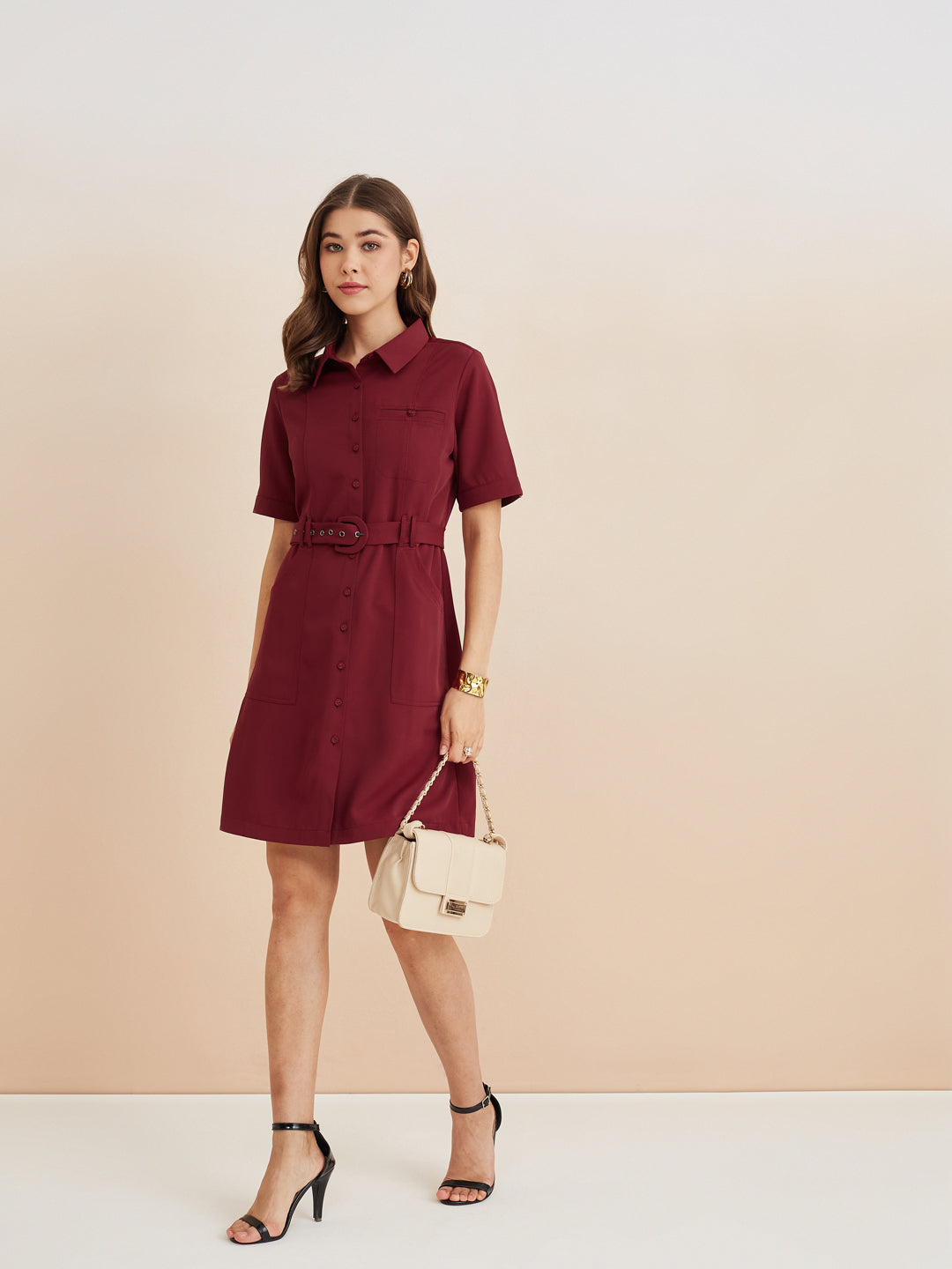 Latin Quarters Women'S Maroon Collar Neck Half Sleeves Solid Casual Shirt Dress