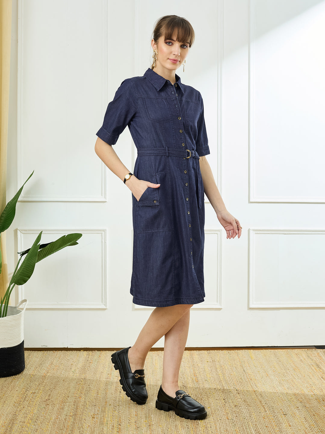 Latin Quarters Women's Blue Half Sleeves Collar Neck Casual Solid Dress