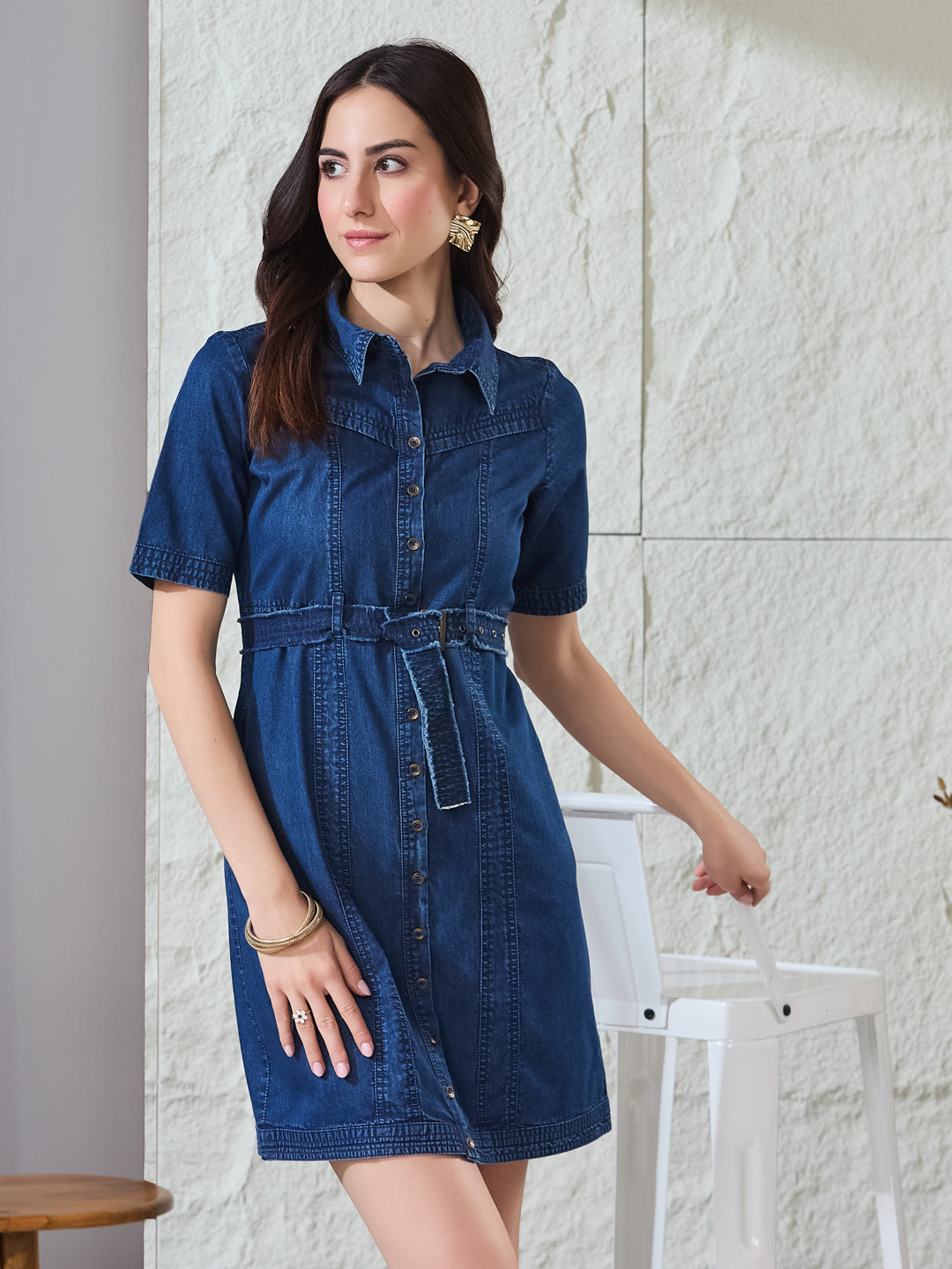 Latin Quarters Women's Blue Solid Half Sleeves Collared Casual Shirt Dress
