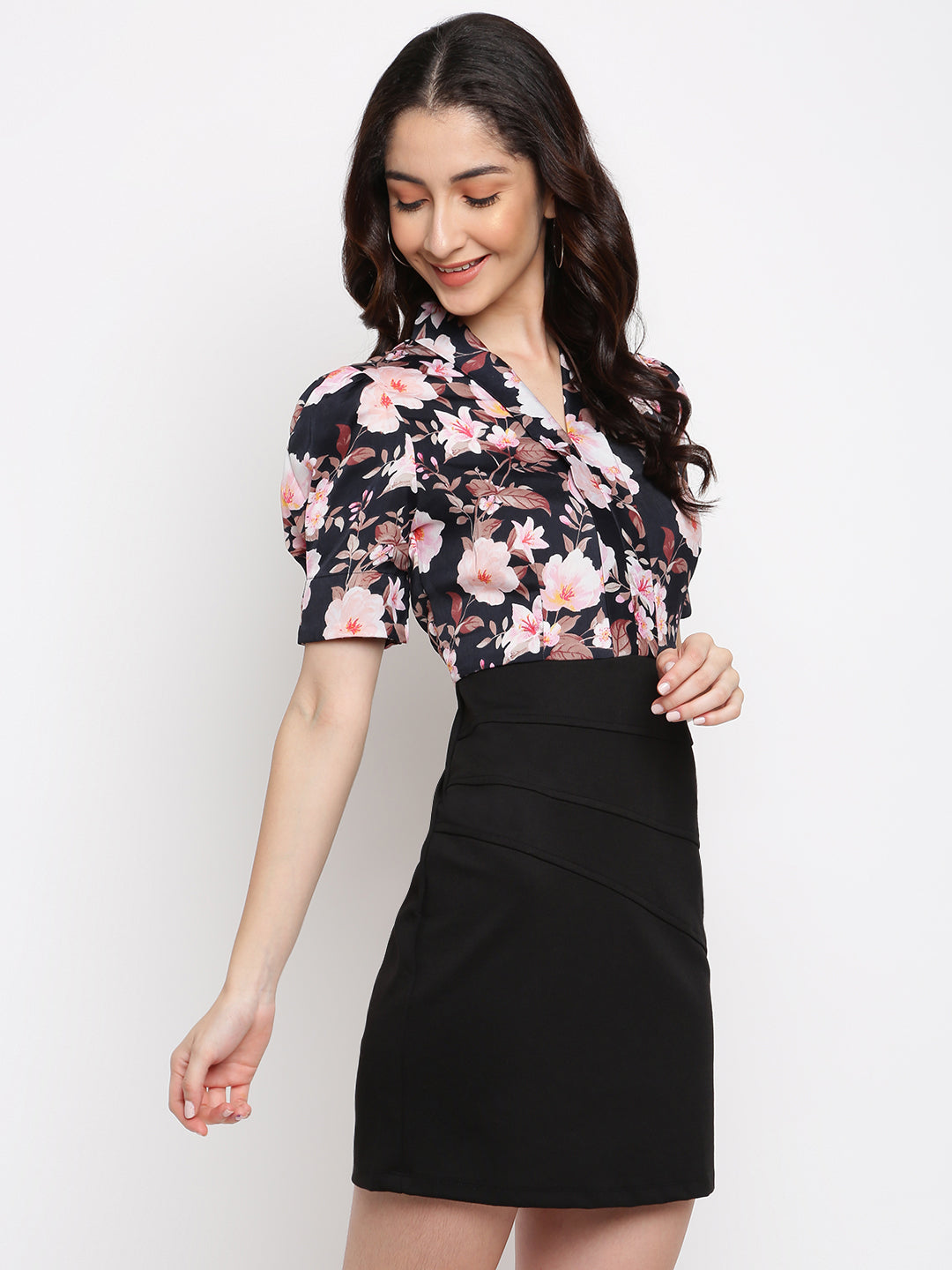 Black Half Sleeve Printed Polyester Dress