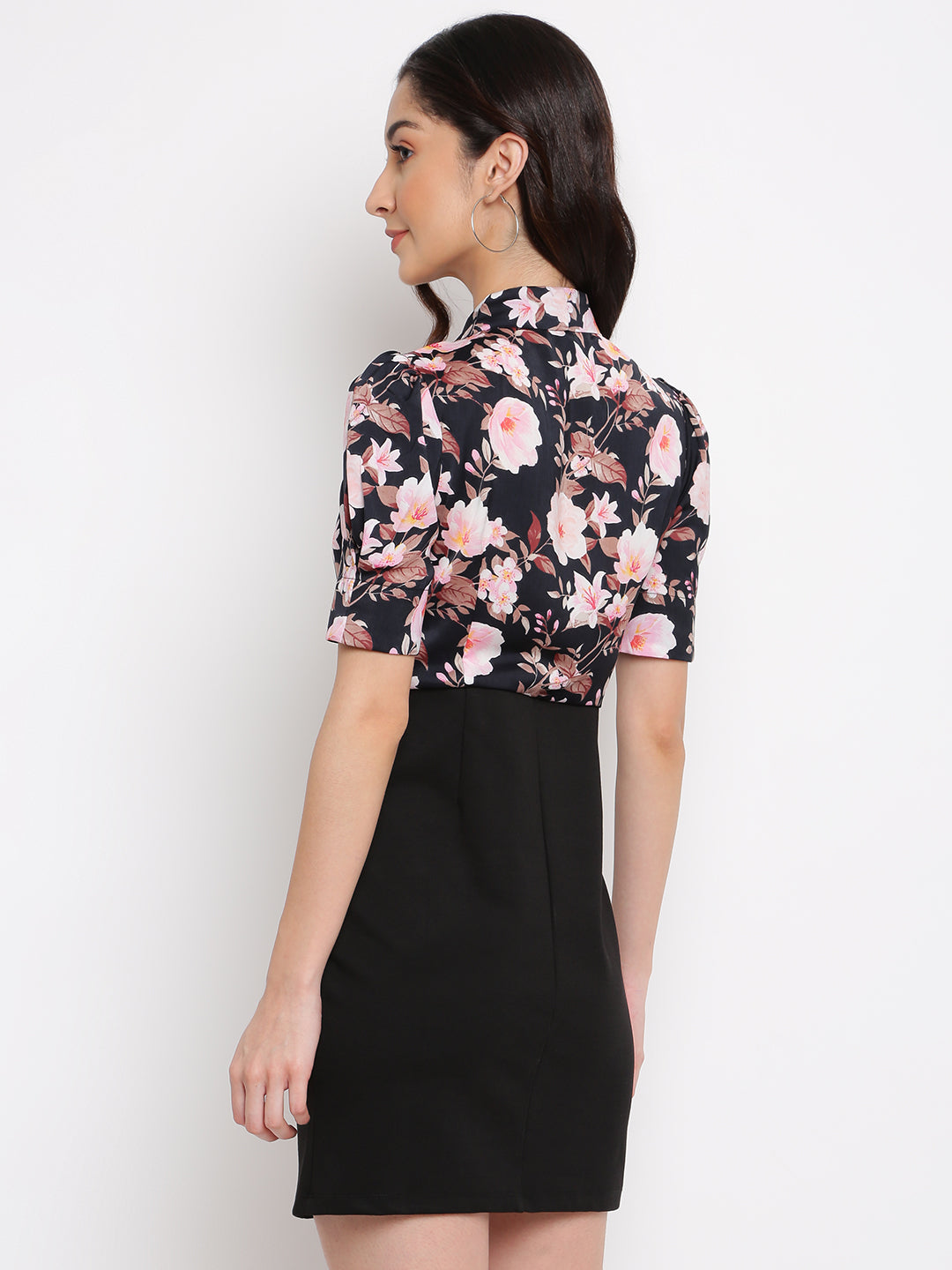 Black Half Sleeve Printed Polyester Dress