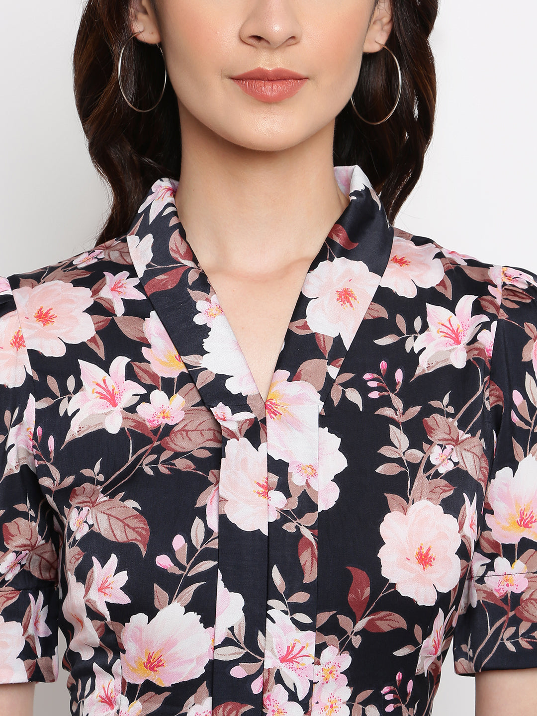 Black Half Sleeve Printed Polyester Dress