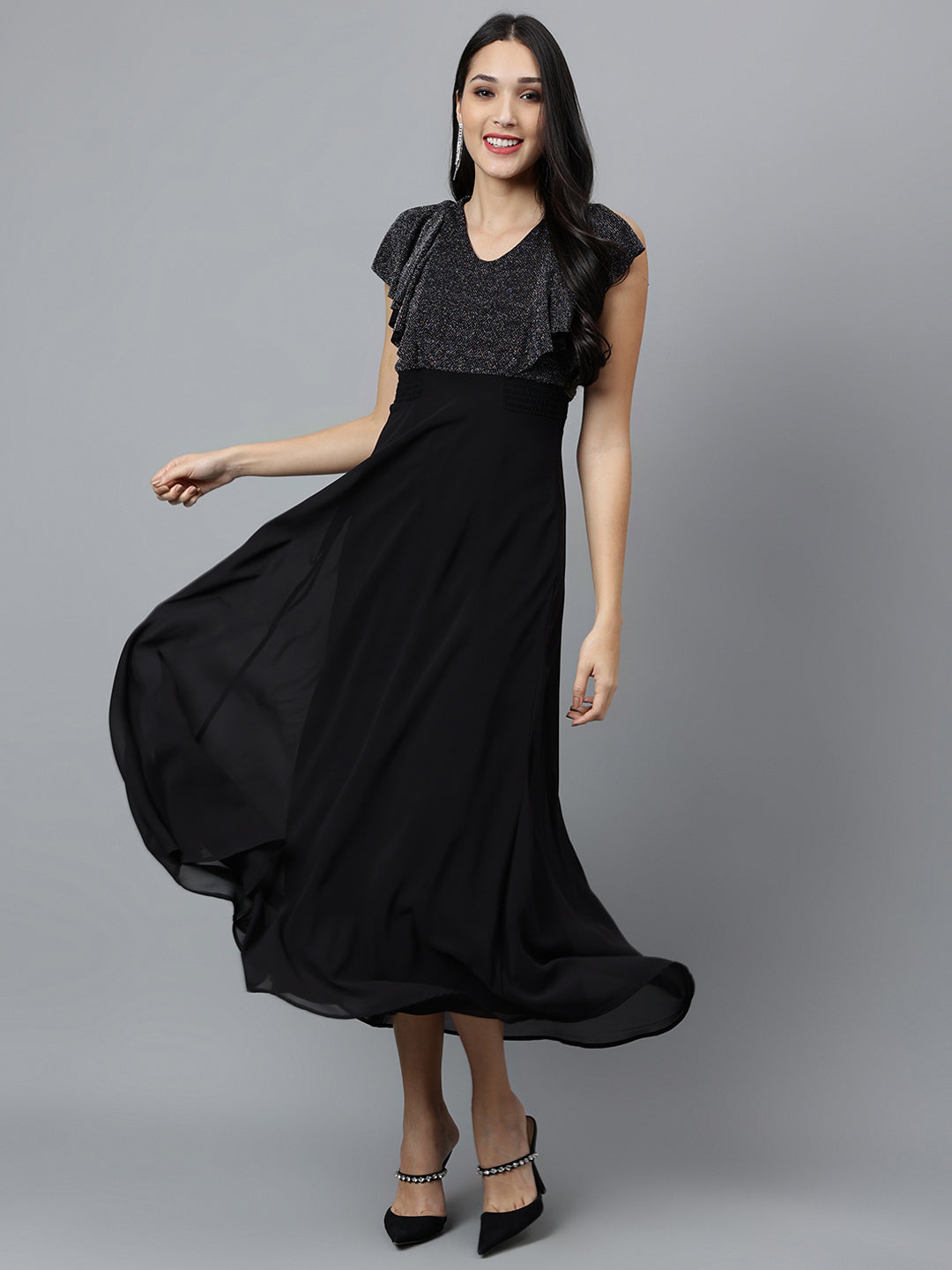 Black Solid Cap Sleeve Party Maxi Dress