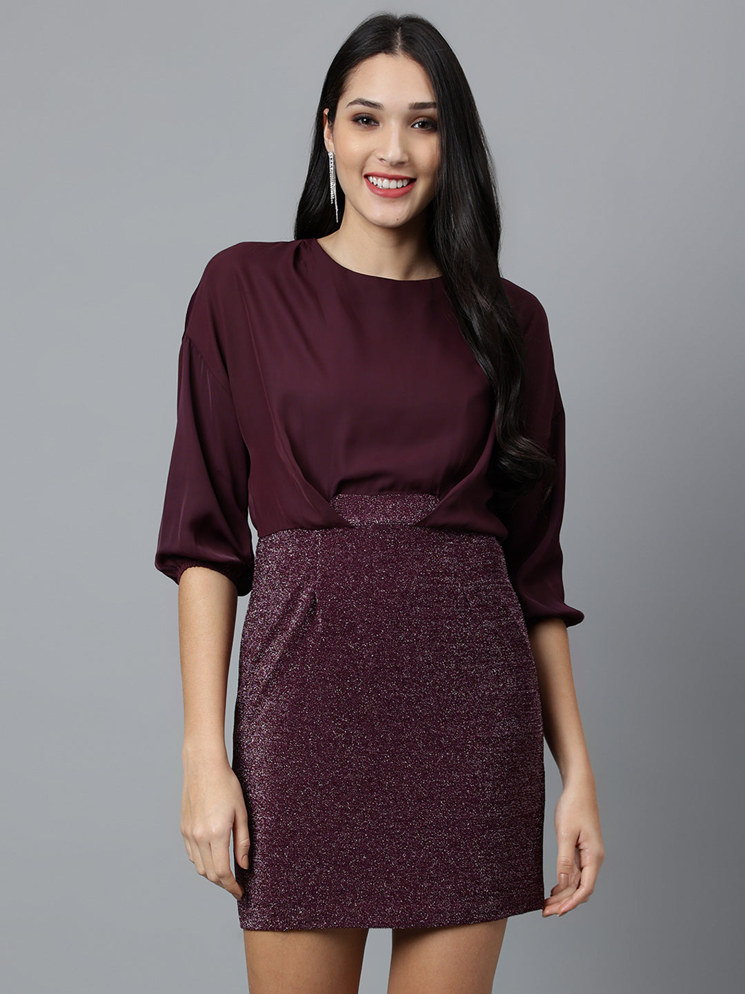 Purple Solid 3/4 Sleeve Party Dress