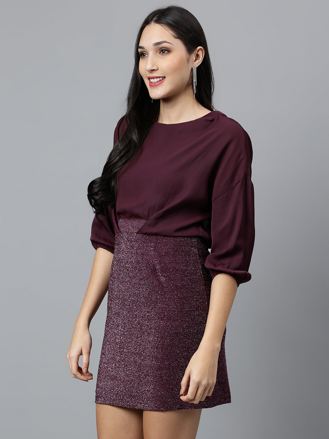 Purple Solid 3/4 Sleeve Party Dress