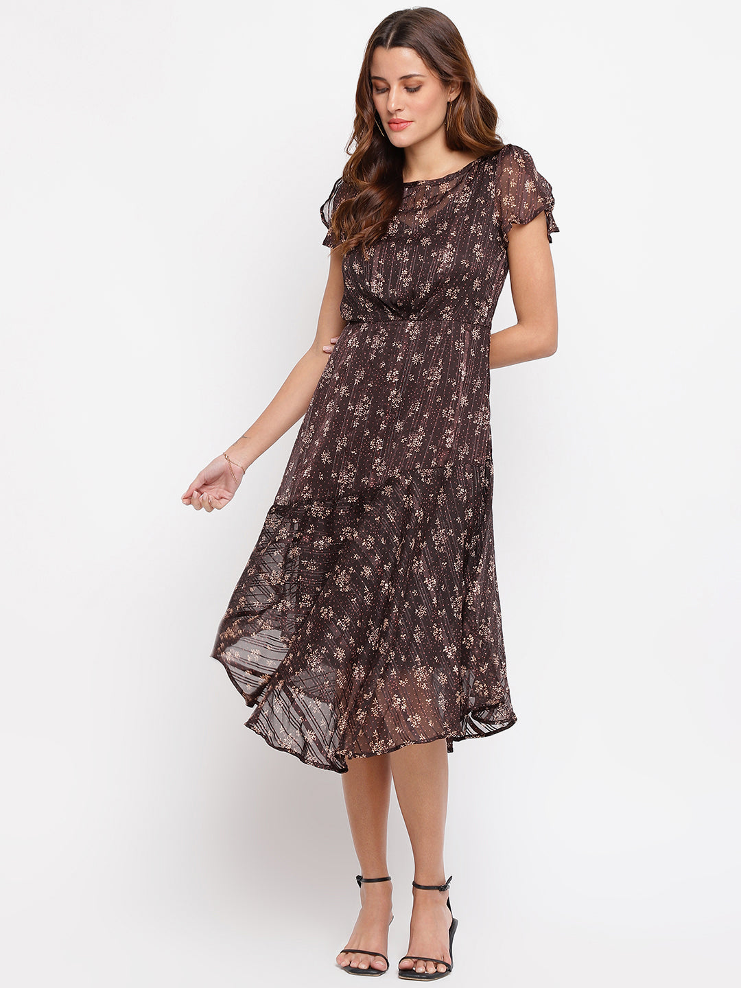 Brown Cape Sleeve Printed Polyester Dress