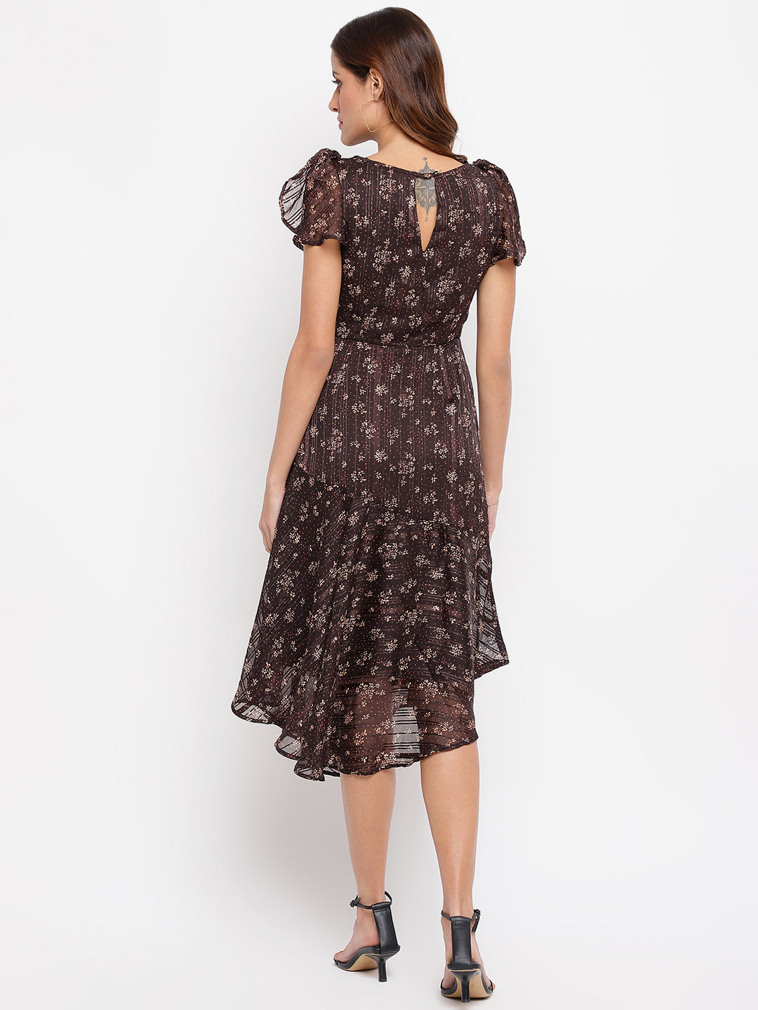 Brown Cape Sleeve Printed Polyester Dress