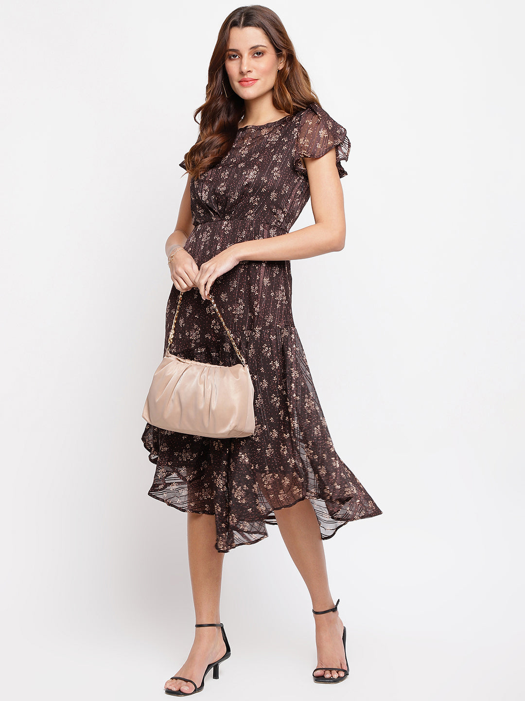 Brown Cape Sleeve Printed Polyester Dress