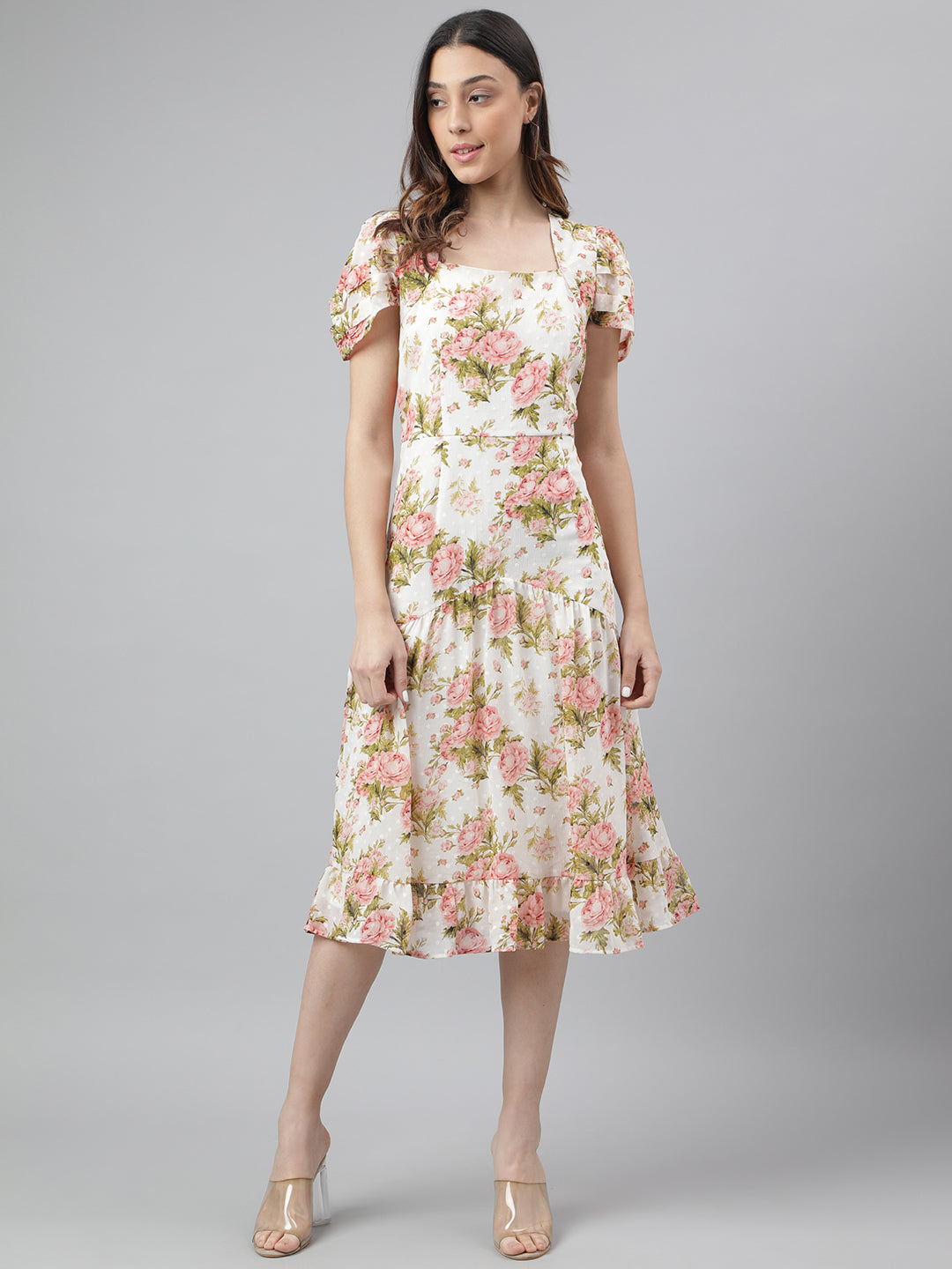 Red Half Sleeve Square Neck Floral Print A-Line Women Dress for Casual