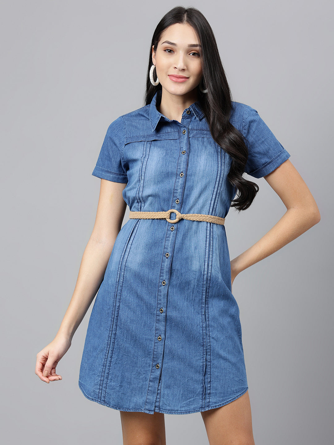 Blue Solid Half Sleeve Party Denim Dress