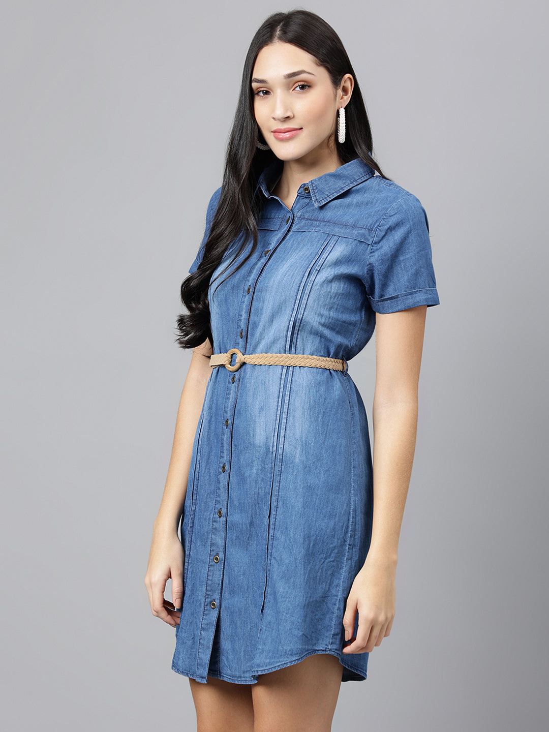 Blue Solid Half Sleeve Party Denim Dress