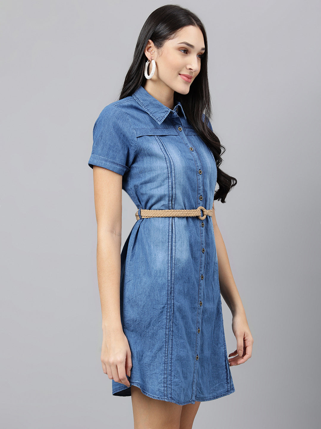 Blue Solid Half Sleeve Party Denim Dress