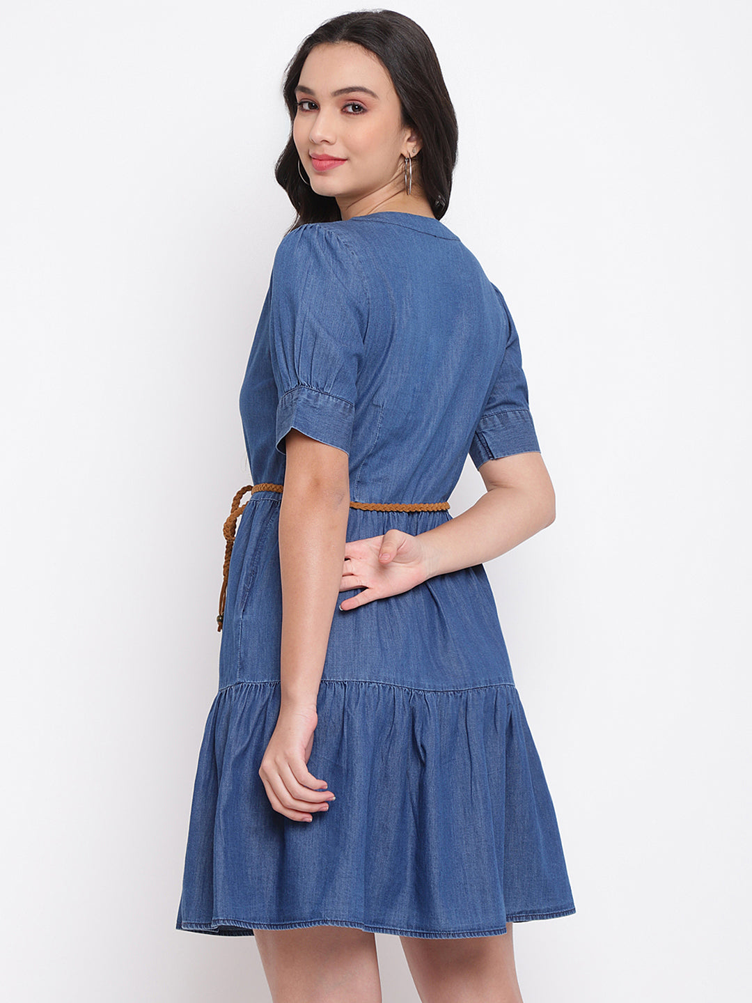Blue Half Sleeve Solid Cotton Dress