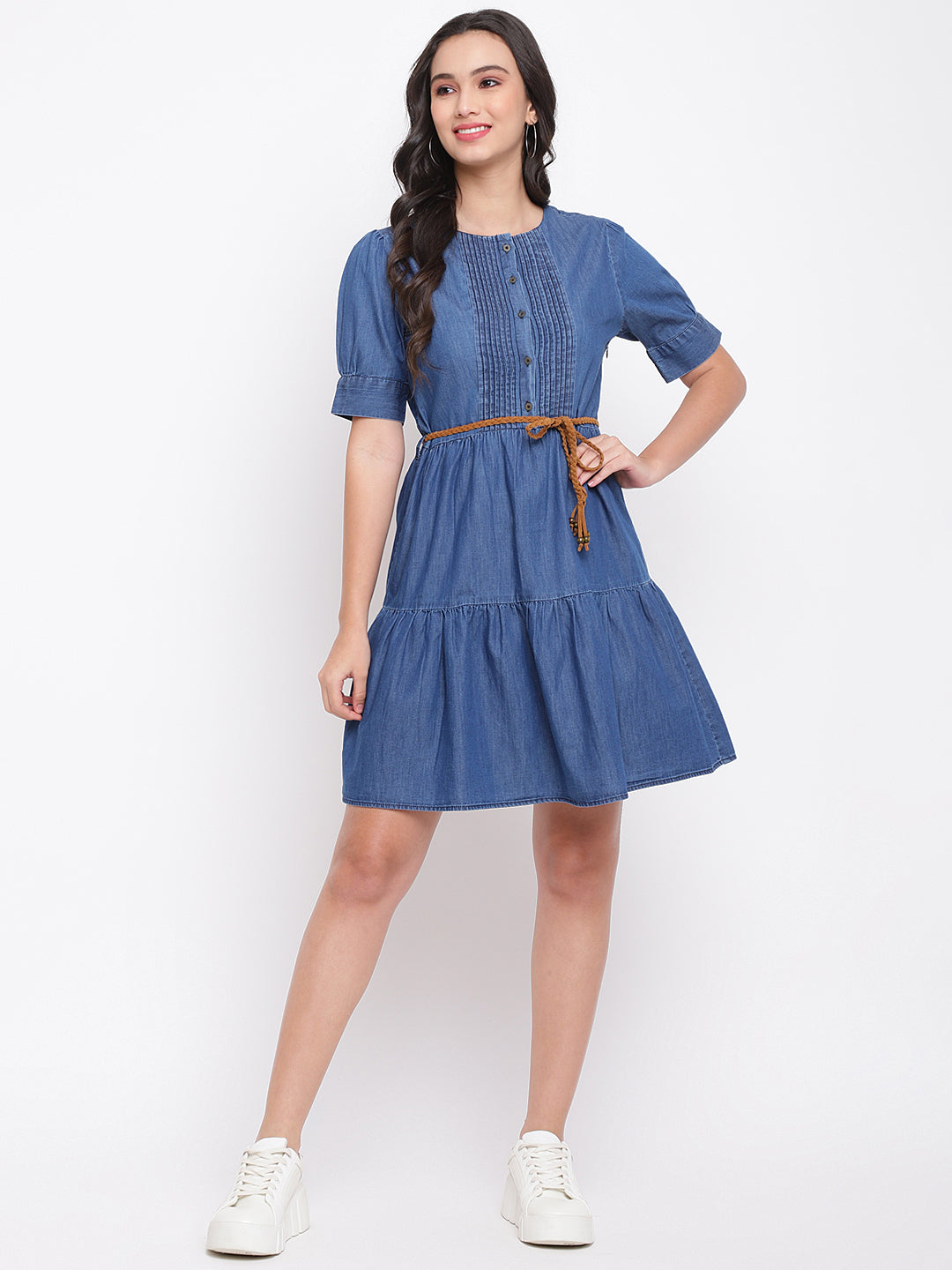 Blue Half Sleeve Solid Cotton Dress
