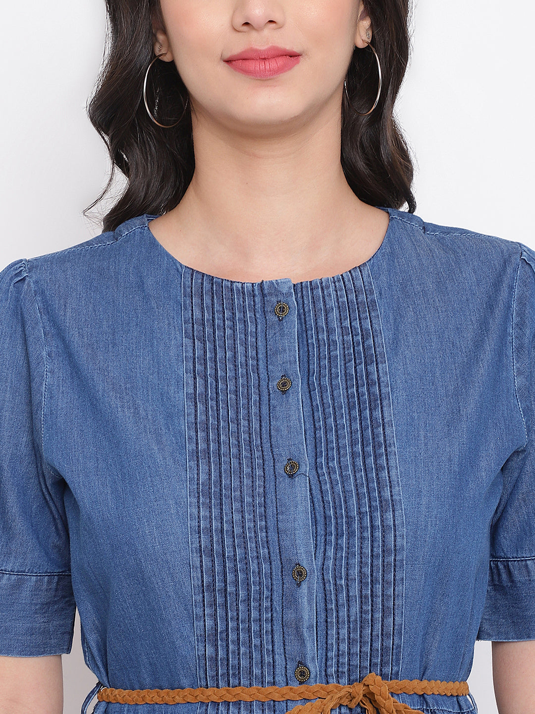 Blue Half Sleeve Solid Cotton Dress