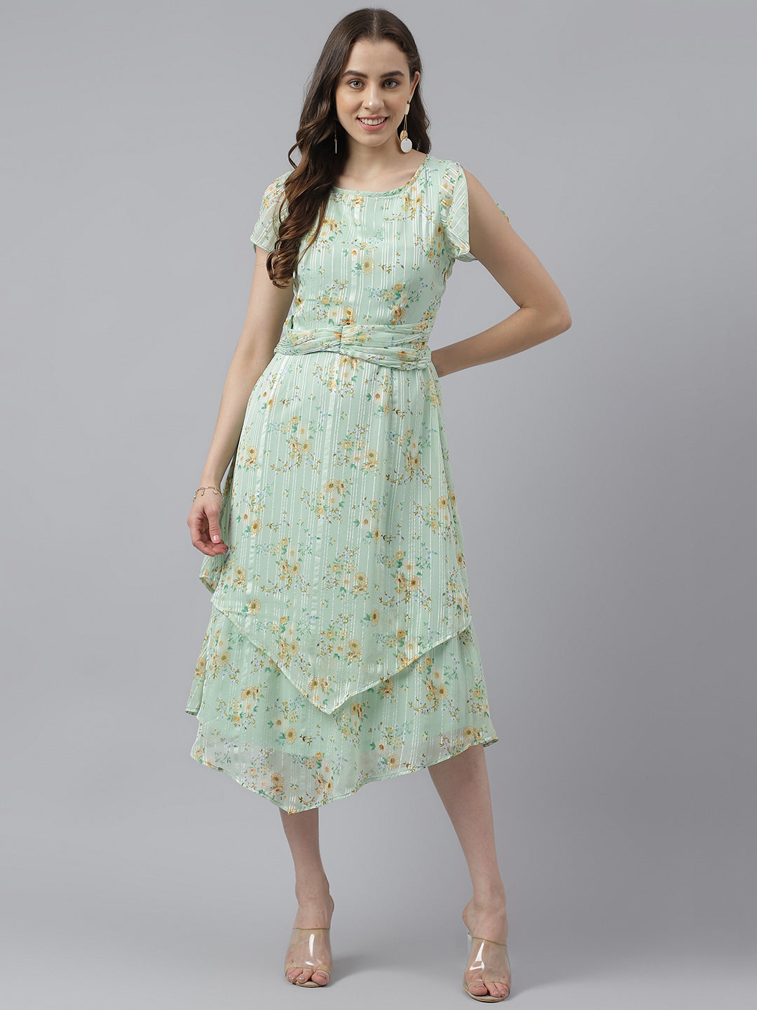 Green Floral Printed Cap Sleeve With Round Neck Asymmetric Dress