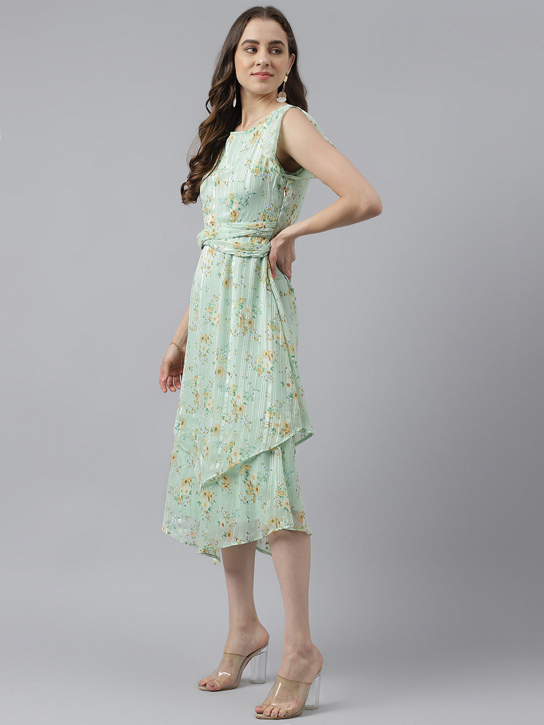 Green Floral Printed Cap Sleeve With Round Neck Asymmetric Dress