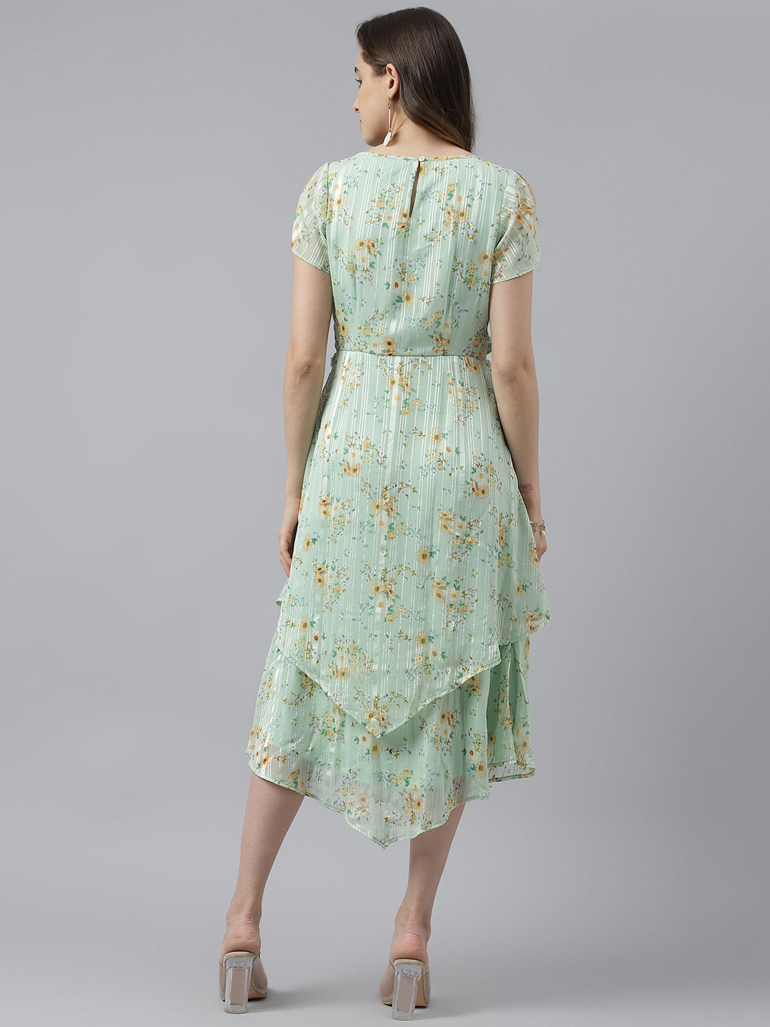 Green Floral Printed Cap Sleeve With Round Neck Asymmetric Dress