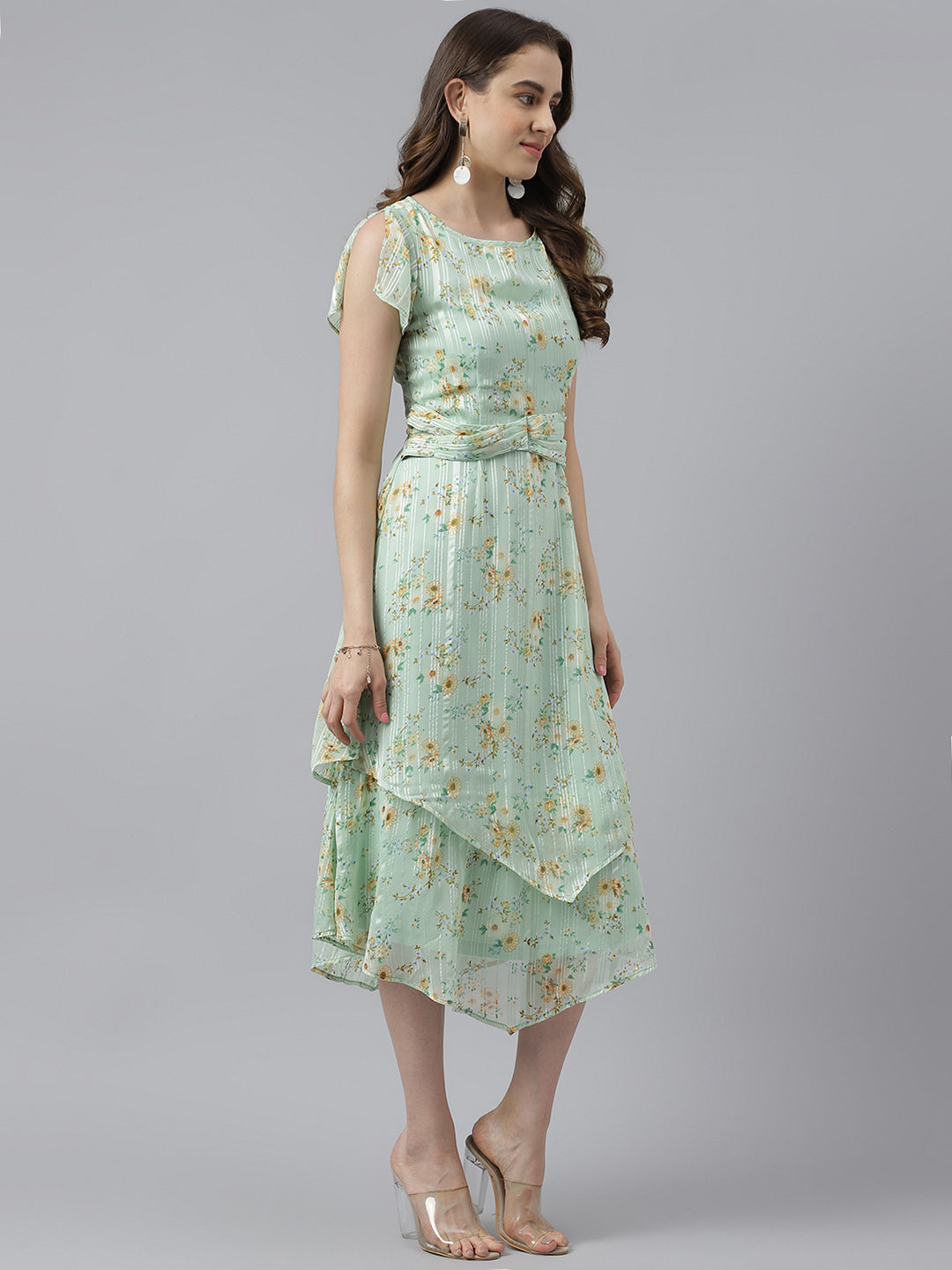 Green Floral Printed Cap Sleeve With Round Neck Asymmetric Dress