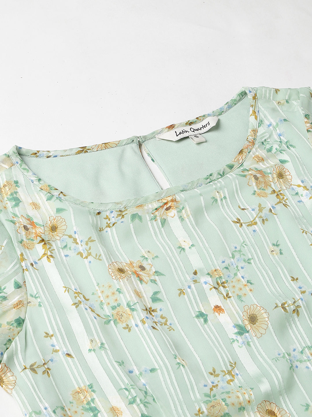 Green Floral Printed Cap Sleeve With Round Neck Asymmetric Dress